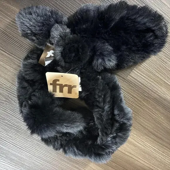 NWT Rex Rabbit Fur Scarf Black Pull Through Tan Slotted Scarves - Picture 3 of 9